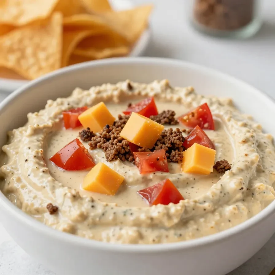 A bowl of creamy Rotel dip with ground beef, melted cheese, and diced tomatoes served with tortilla chips