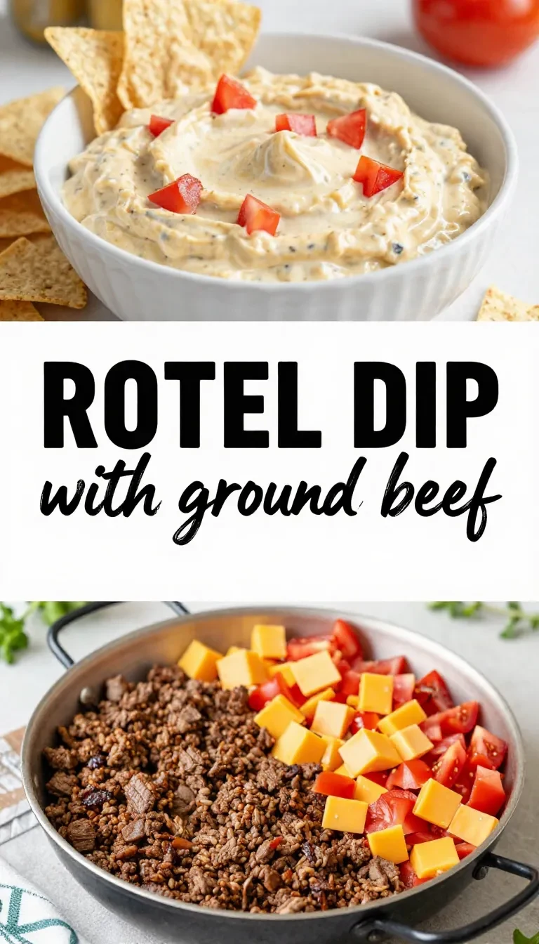A bowl of creamy Rotel dip with ground beef, melted cheese, and diced tomatoes served with tortilla chips
