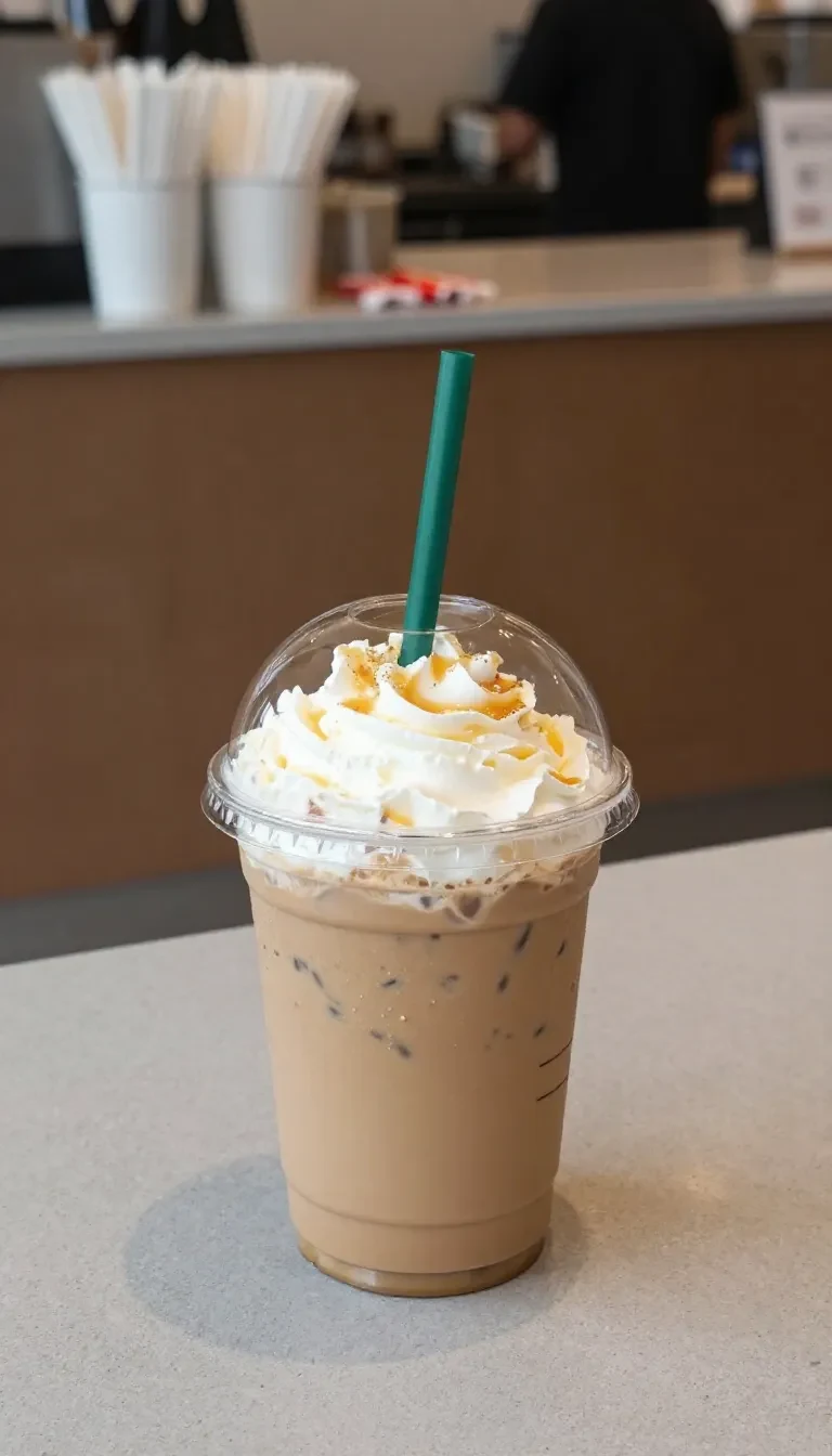 A chilled pumpkin spice iced latte in a clear glass with ice cubes, whipped cream, and a sprinkle of cinnamon on top.