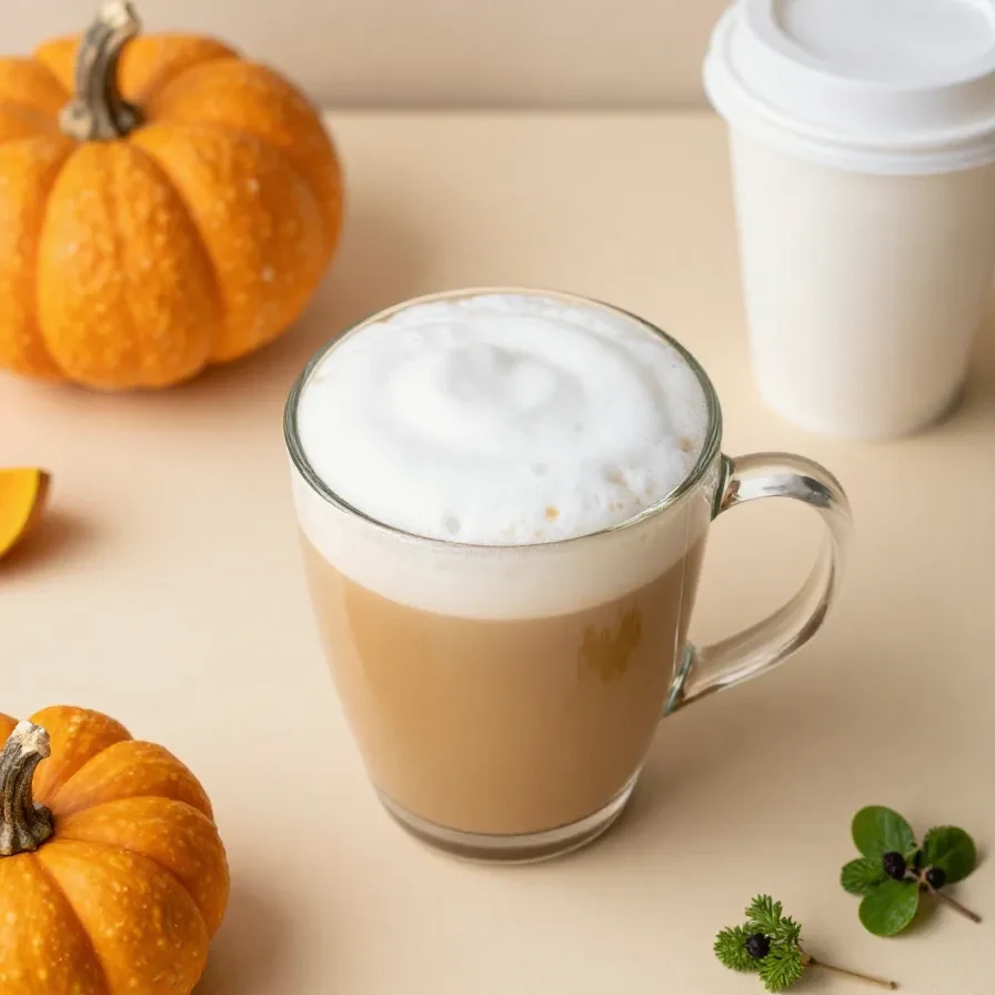 A creamy healthy pumpkin spice latte in a clear glass mug topped with a light dusting of cinnamon and served on a rustic wooden table.
