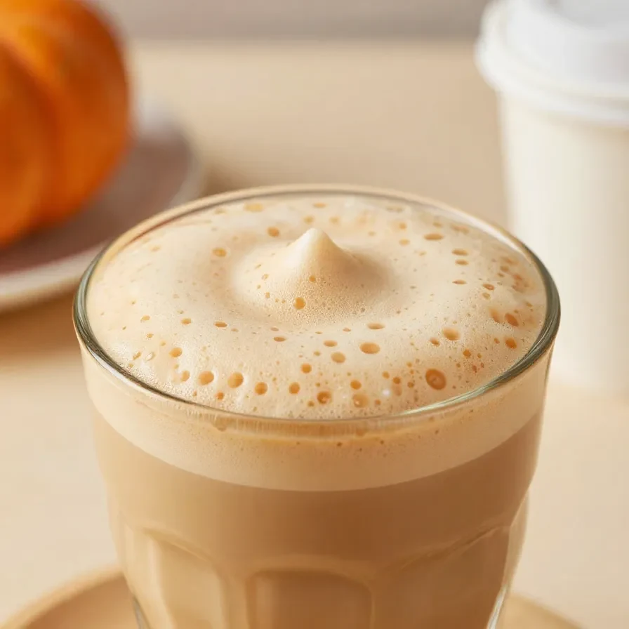 A creamy healthy pumpkin spice latte in a clear glass mug topped with a light dusting of cinnamon and served on a rustic wooden table.