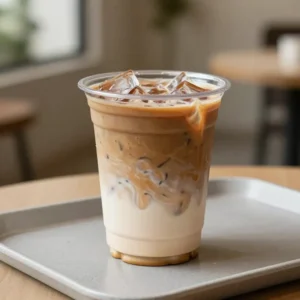 A tall glass of refreshing iced coffee with ice cubes and a straw on a light wooden table