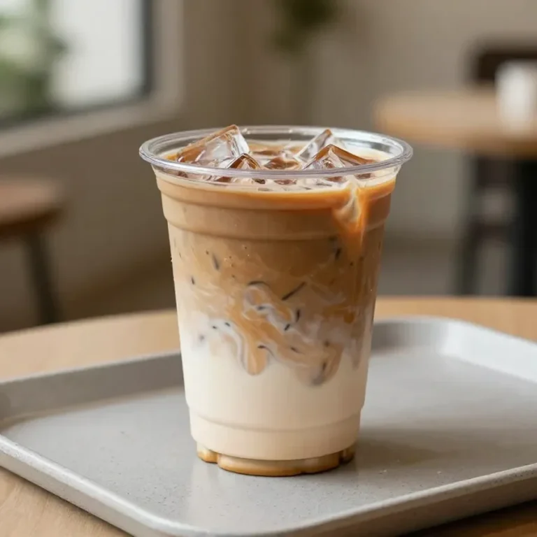 A tall glass of refreshing iced coffee with ice cubes and a straw on a light wooden table