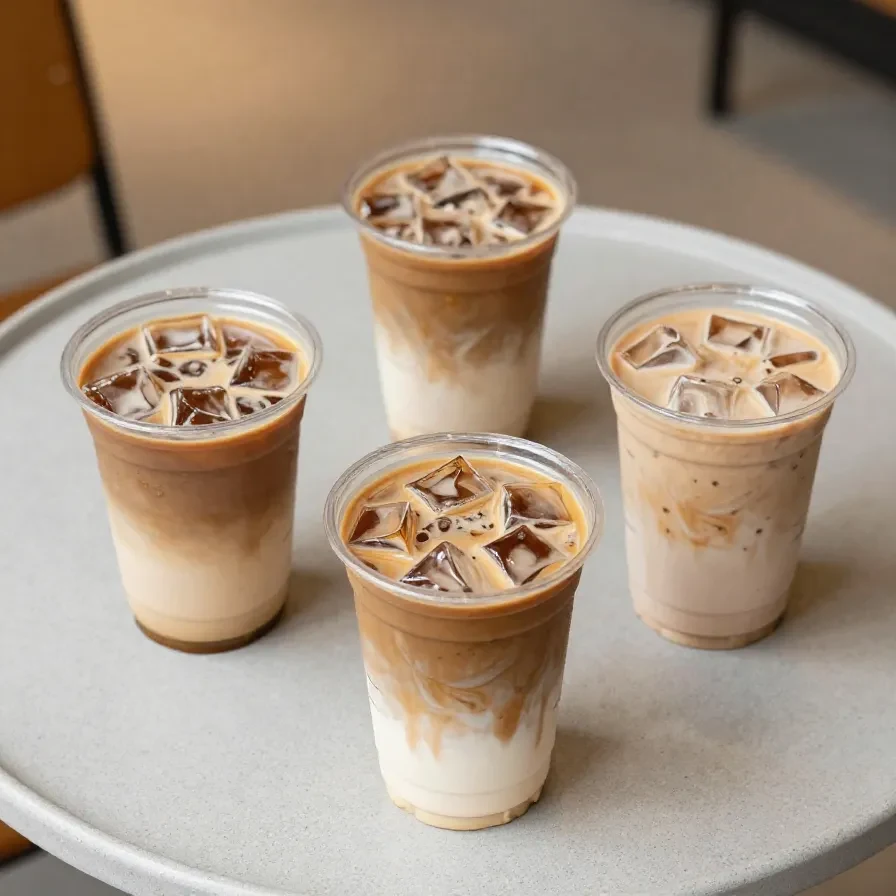 A tall glass of refreshing iced coffee with ice cubes and a straw on a light wooden table