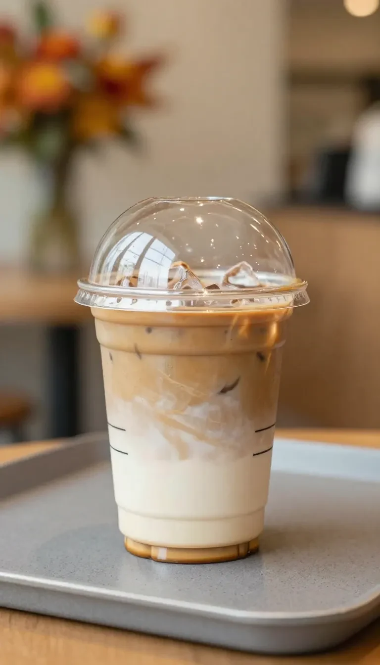 A tall glass of refreshing iced coffee with ice cubes and a straw on a light wooden table