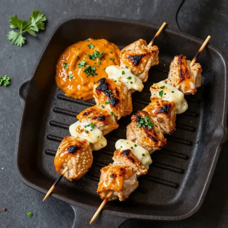 Grilled Bang Bang chicken skewers topped with creamy spicy sauce and garnished with chopped green onions on a serving platter.