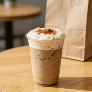 A glass of pumpkin chai tea topped with cold foam and a sprinkle of cinnamon on a wooden table.