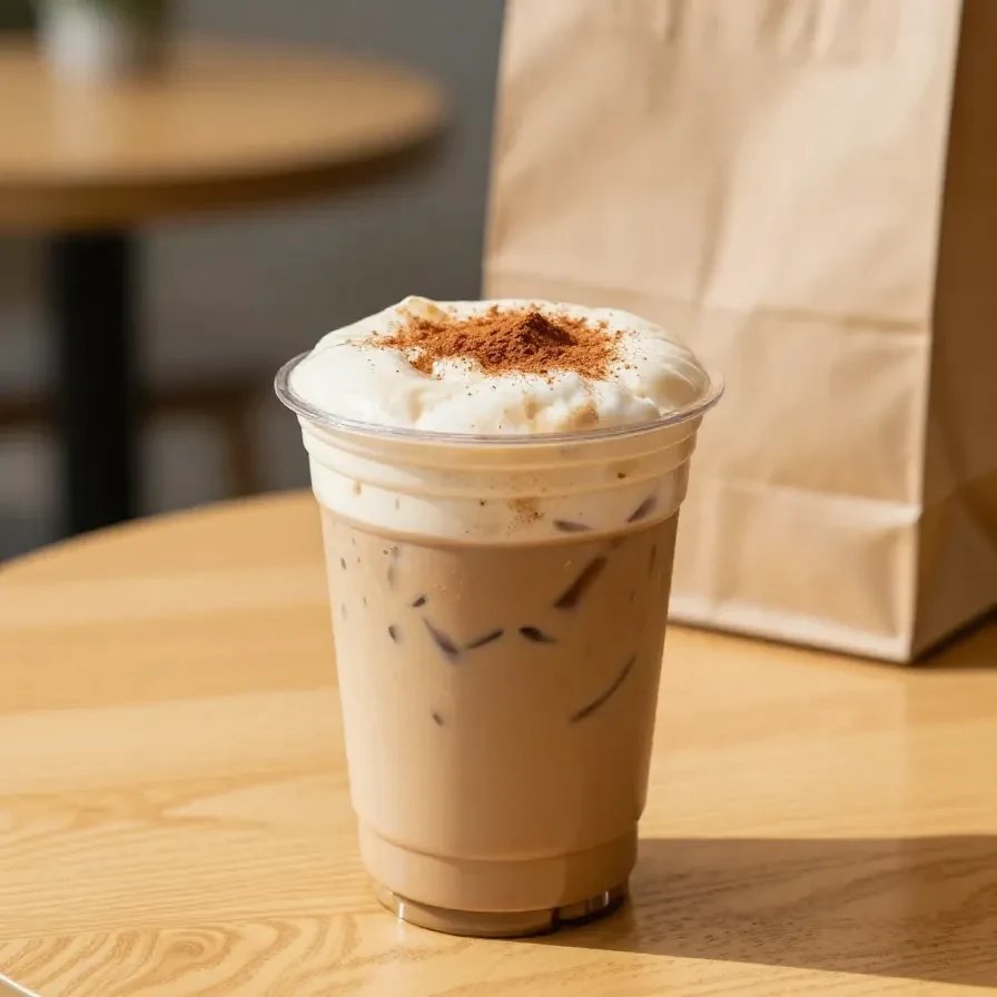 A glass of pumpkin chai tea topped with cold foam and a sprinkle of cinnamon on a wooden table.
