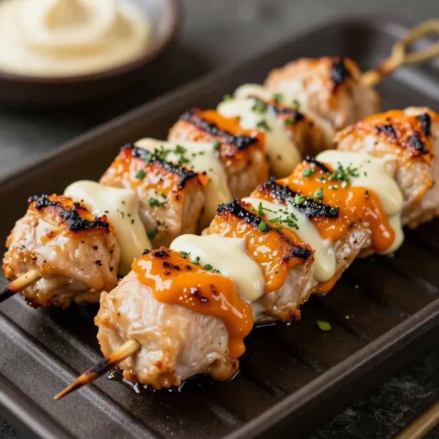 Grilled Bang Bang chicken skewers topped with creamy spicy sauce and garnished with chopped green onions on a serving platter.
