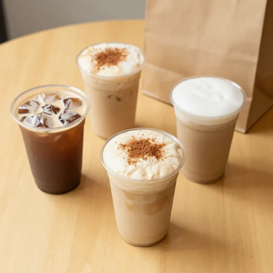 A glass of pumpkin chai tea topped with cold foam and a sprinkle of cinnamon on a wooden table.