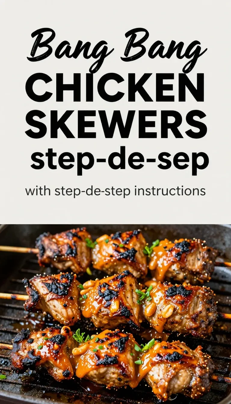 Grilled Bang Bang chicken skewers topped with creamy spicy sauce and garnished with chopped green onions on a serving platter.