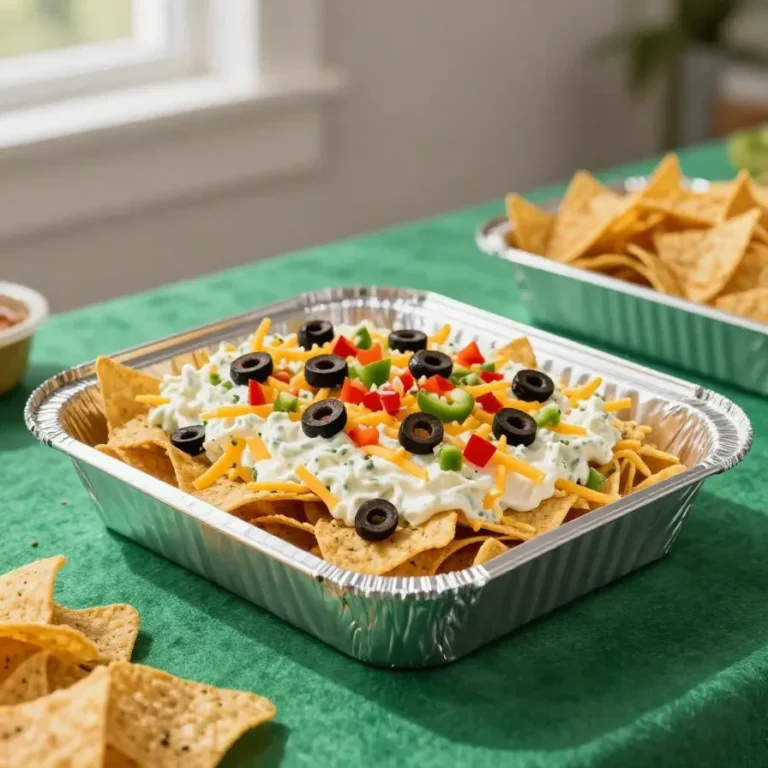 A layered dip served in a football stadium-shaped dish for a game day party with chips and snacks around it.