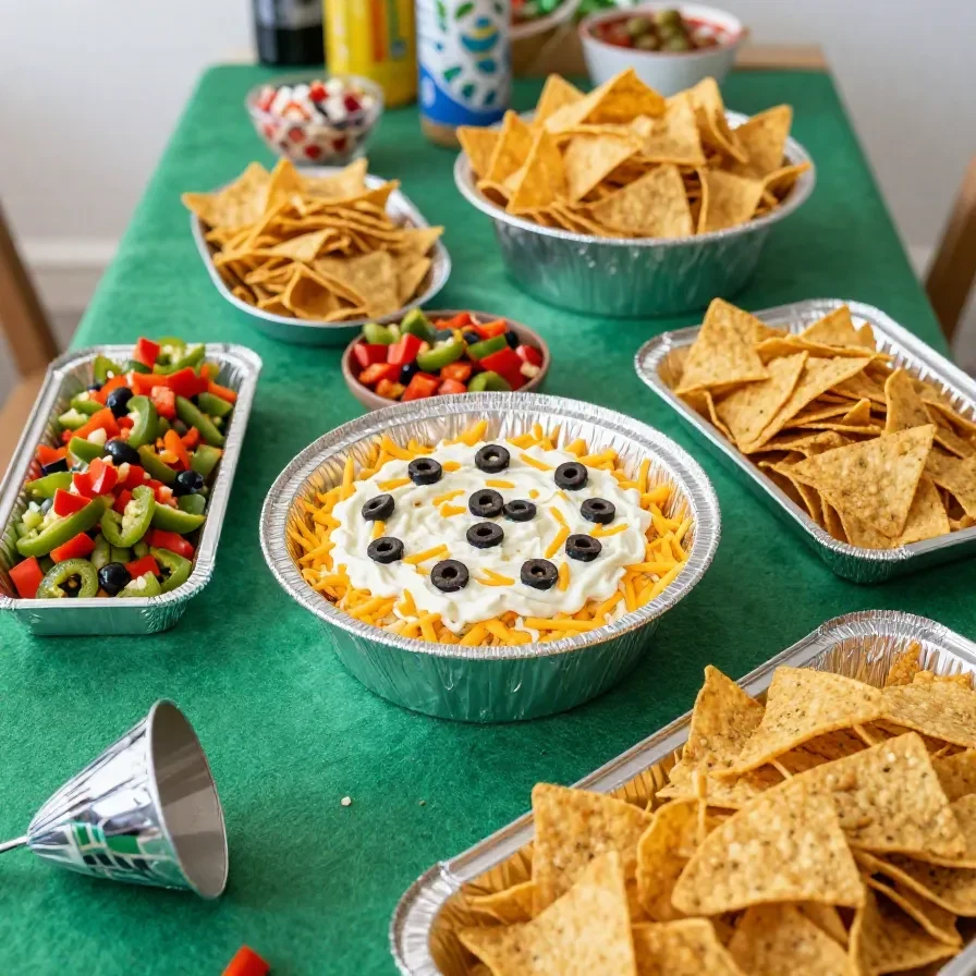 A layered dip served in a football stadium-shaped dish for a game day party with chips and snacks around it.