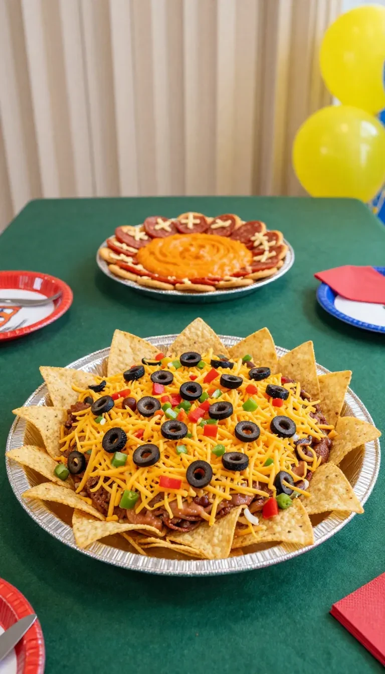 A layered dip served in a football stadium-shaped dish for a game day party with chips and snacks around it.