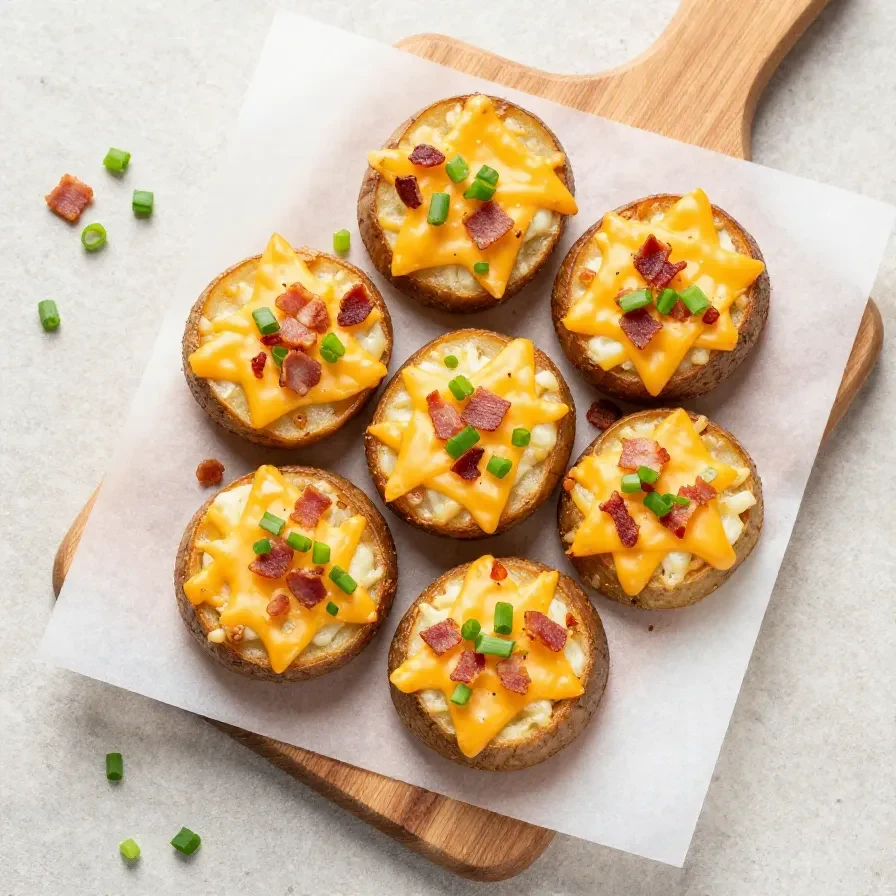 Crispy baked potato skins topped with melted cheese, bacon bits, and chopped green onions on a serving platter.