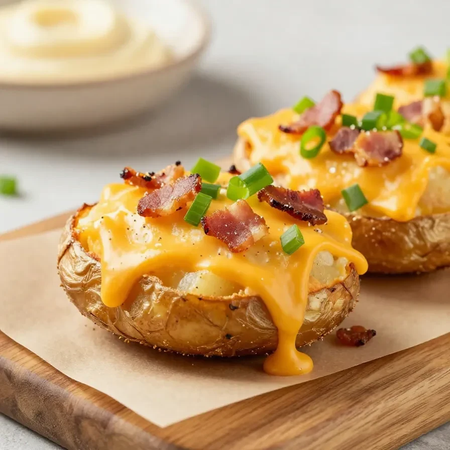 Crispy baked potato skins topped with melted cheese, bacon bits, and chopped green onions on a serving platter.