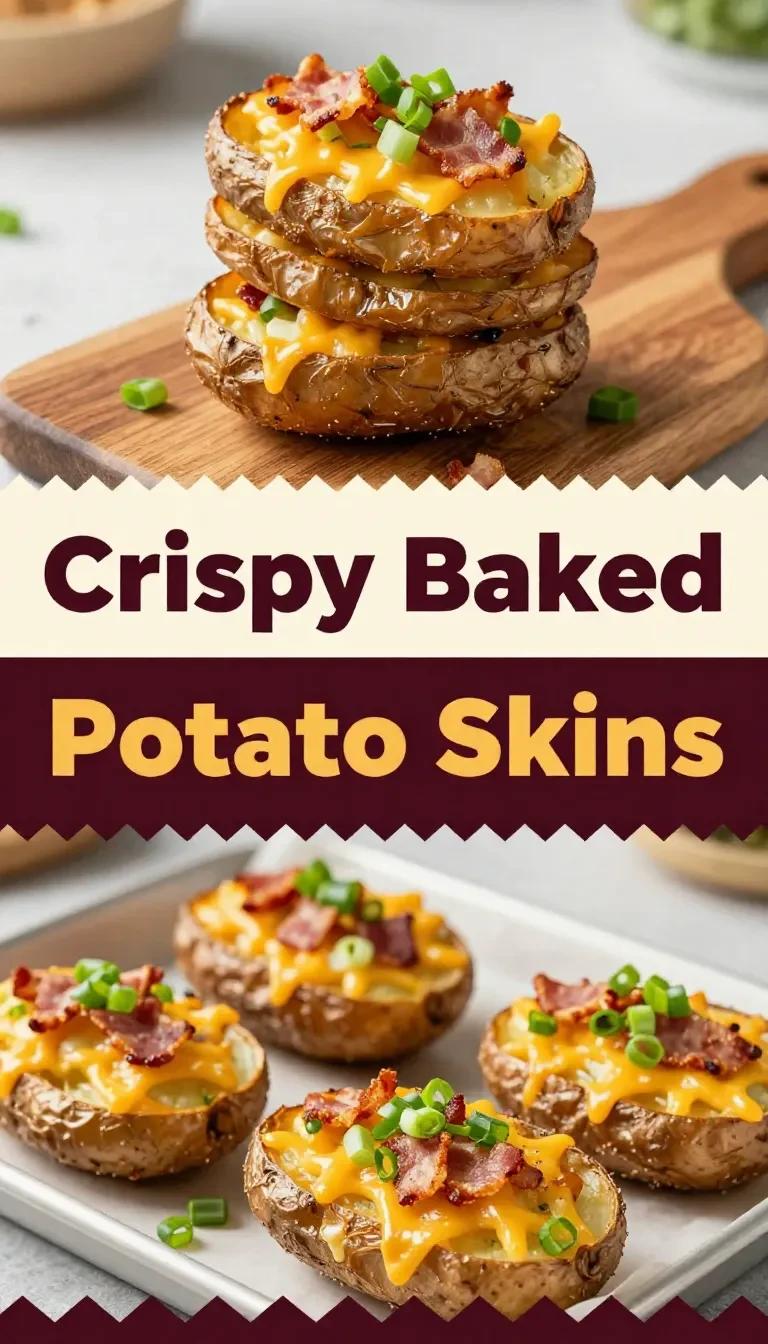 Crispy baked potato skins topped with melted cheese, bacon bits, and chopped green onions on a serving platter.