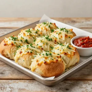 Football-shaped cheesy stuffed garlic bread rolls arranged on a serving plate with melted cheese and golden-brown crust.