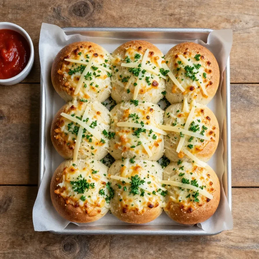 Football-shaped cheesy stuffed garlic bread rolls arranged on a serving plate with melted cheese and golden-brown crust.