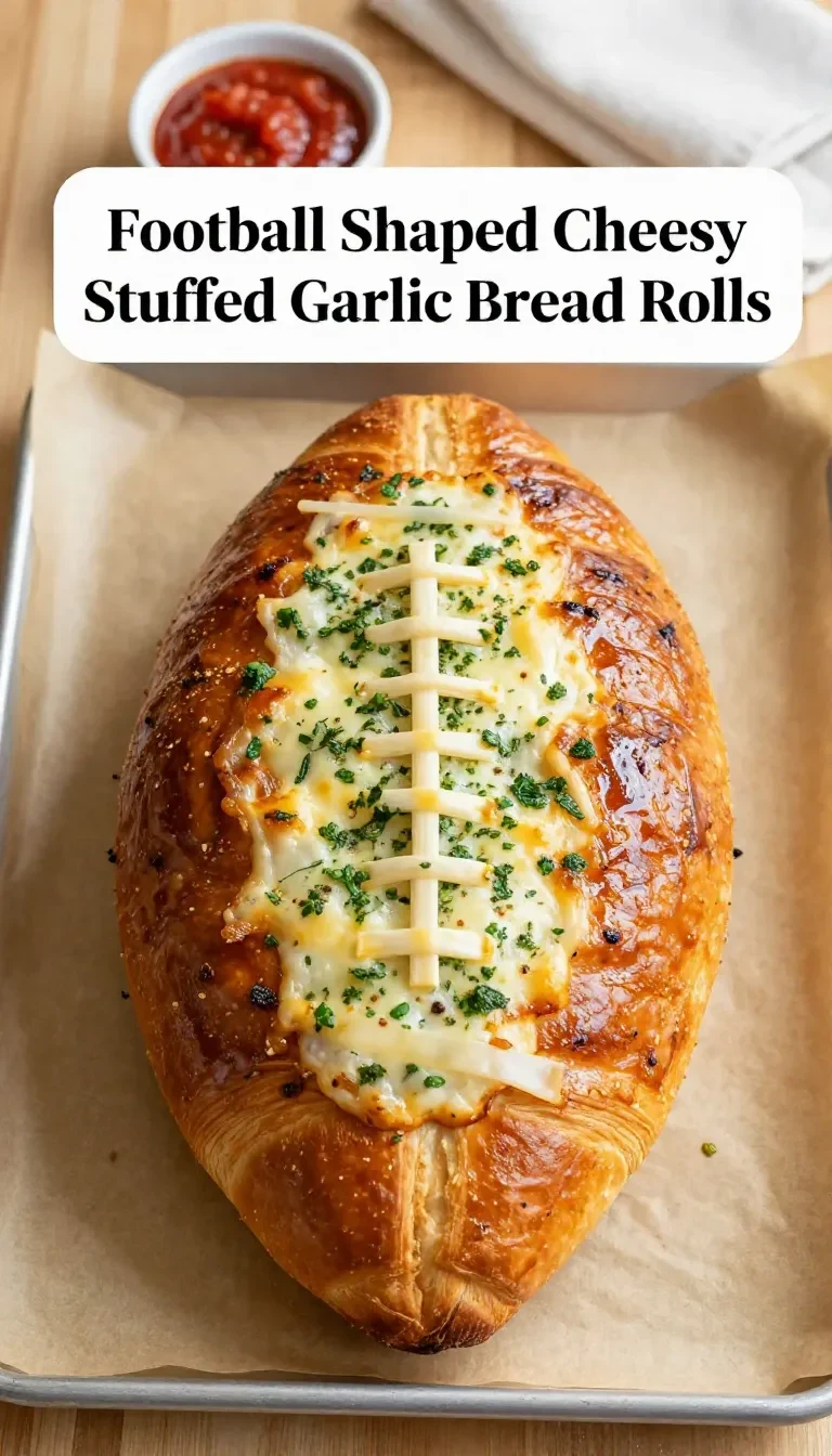 Football-shaped cheesy stuffed garlic bread rolls arranged on a serving plate with melted cheese and golden-brown crust.