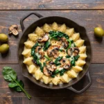 A bowl of creamy spinach and mushroom gnocchi topped with fresh herbs and grated cheese.
