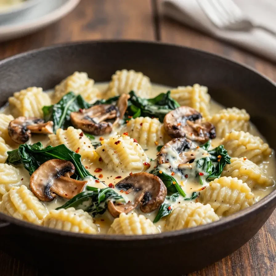 A bowl of creamy spinach and mushroom gnocchi topped with fresh herbs and grated cheese.