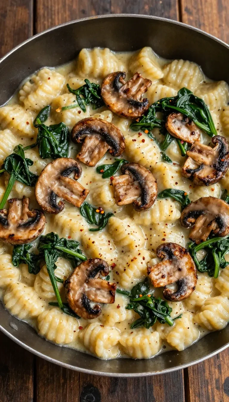 A bowl of creamy spinach and mushroom gnocchi topped with fresh herbs and grated cheese.