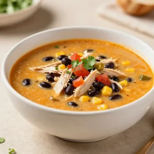 A bowl of creamy chicken enchilada soup topped with shredded cheese, tortilla strips, and fresh cilantro.