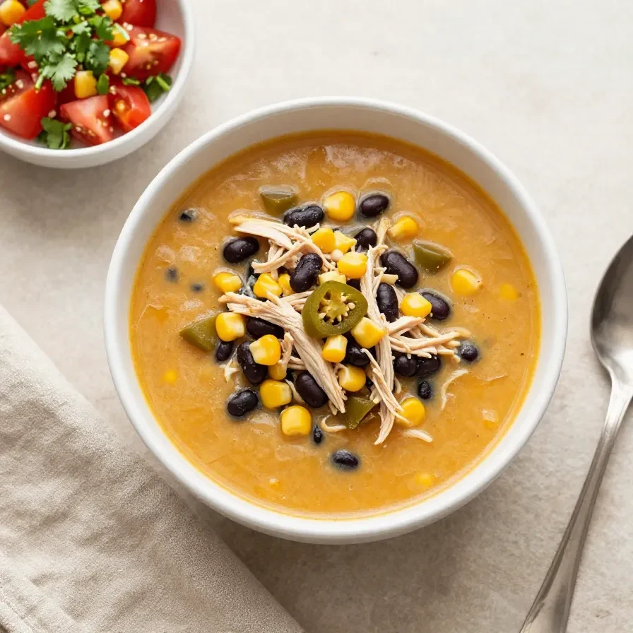 A bowl of creamy chicken enchilada soup topped with shredded cheese, tortilla strips, and fresh cilantro.