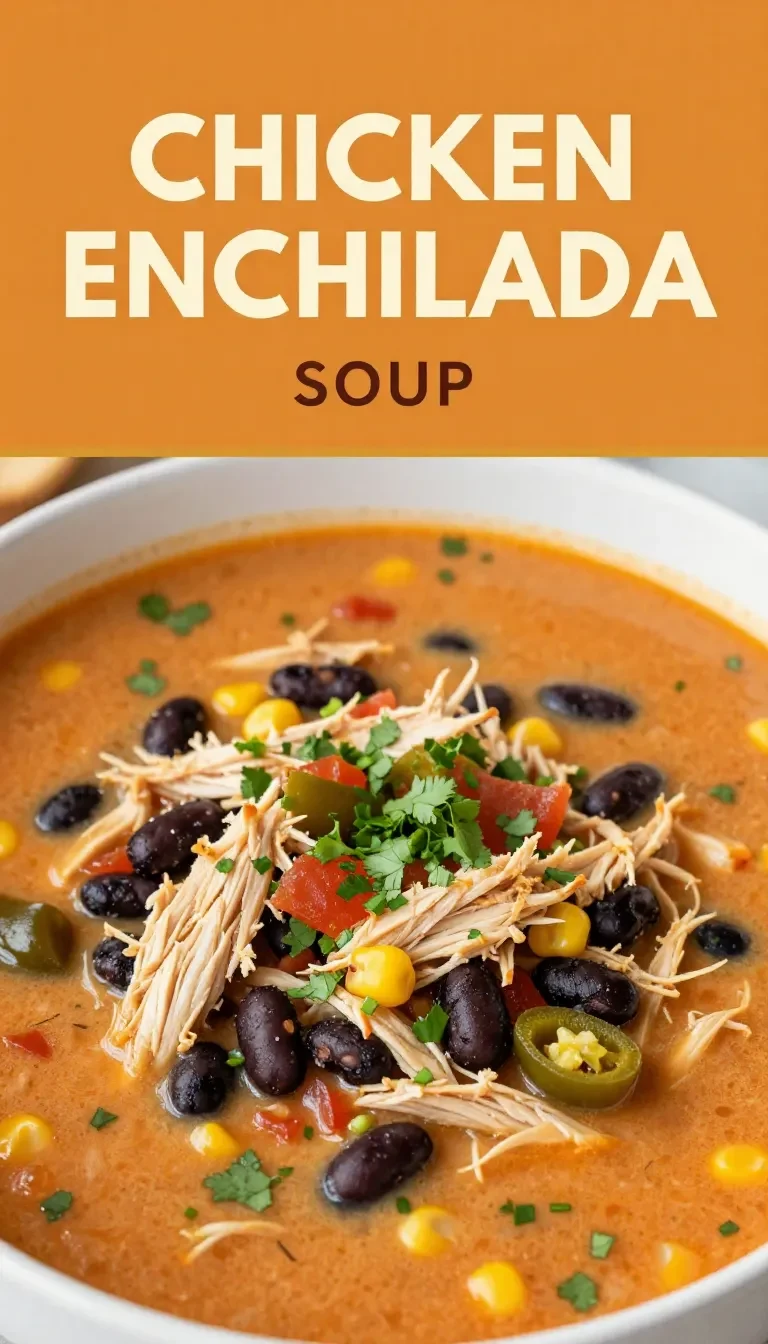 A bowl of creamy chicken enchilada soup topped with shredded cheese, tortilla strips, and fresh cilantro.