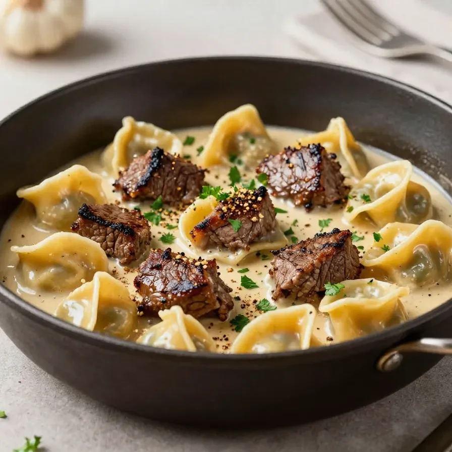 Creamy garlic steak tortellini served in a bowl with tender steak pieces and parmesan cheese