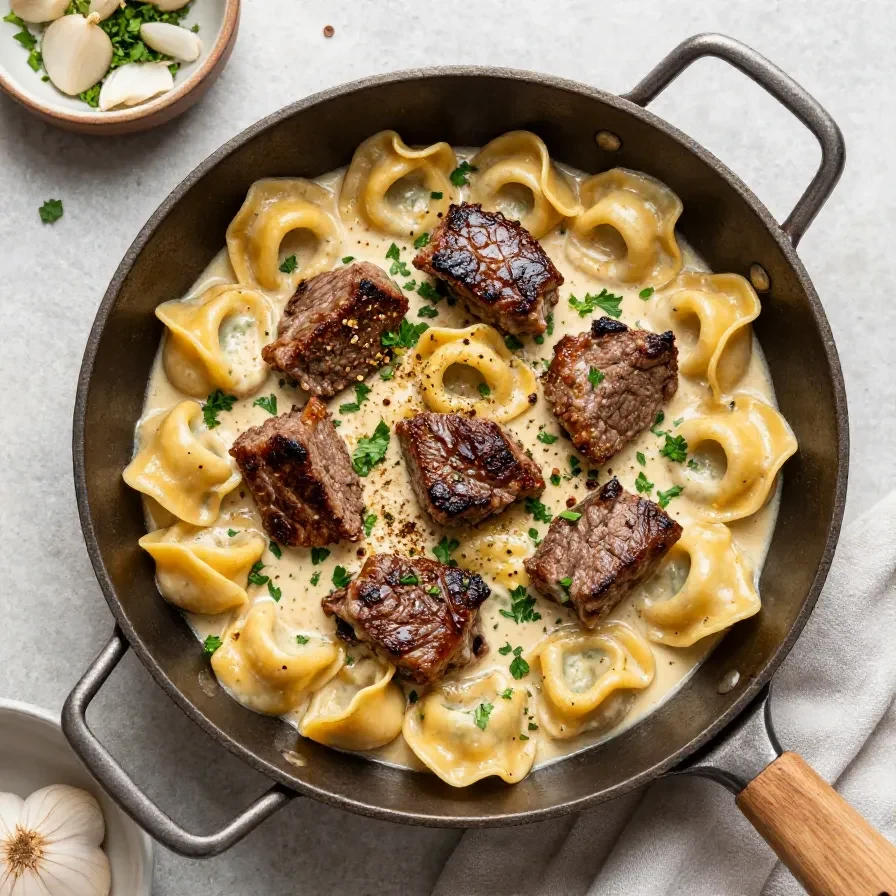 Creamy garlic steak tortellini served in a bowl with tender steak pieces and parmesan cheese