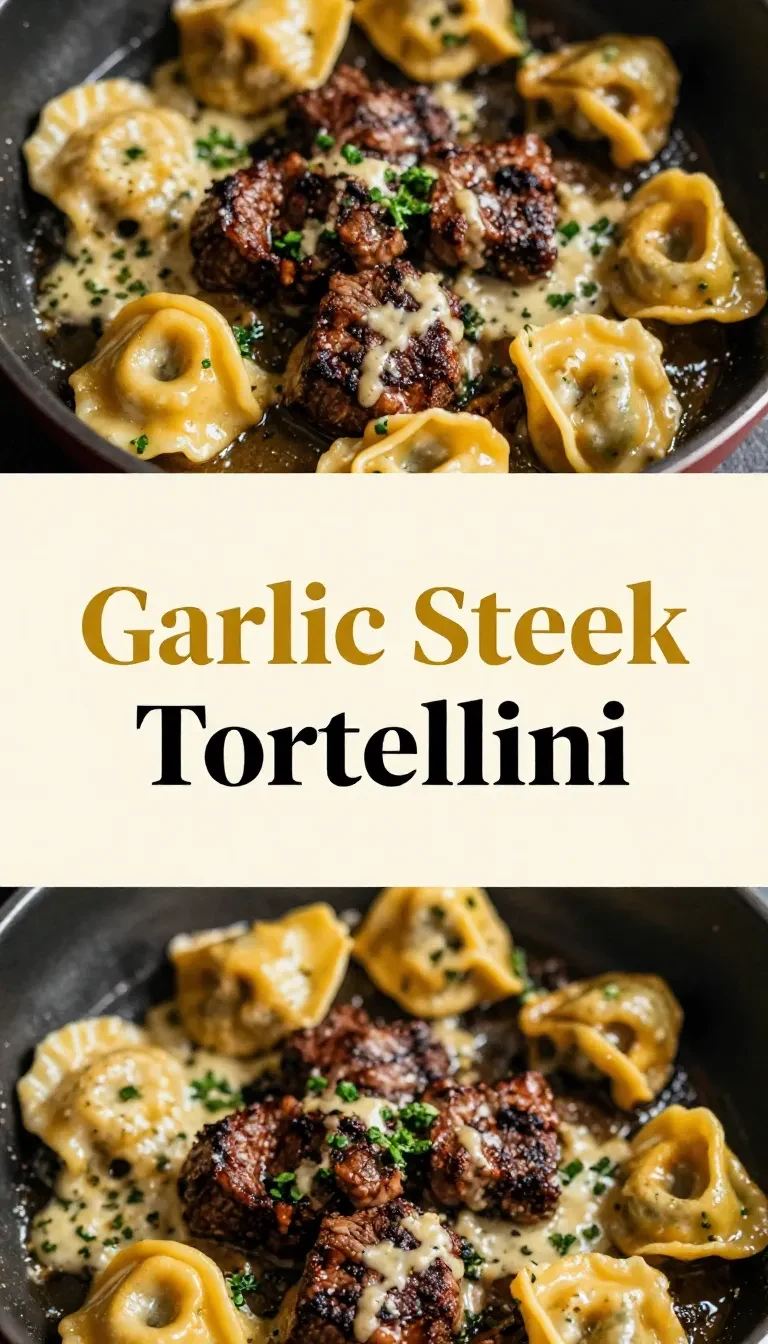Creamy garlic steak tortellini served in a bowl with tender steak pieces and parmesan cheese
