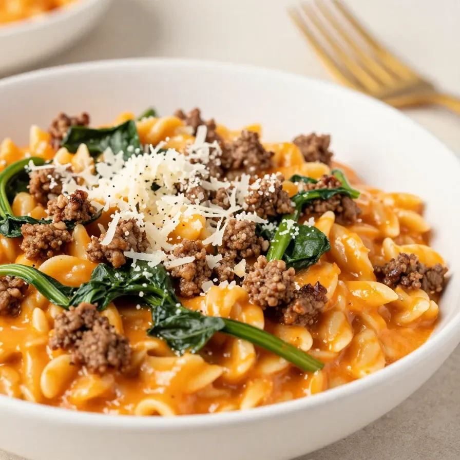 A bowl of ground beef orzo topped with tomato cream sauce and fresh herbs.