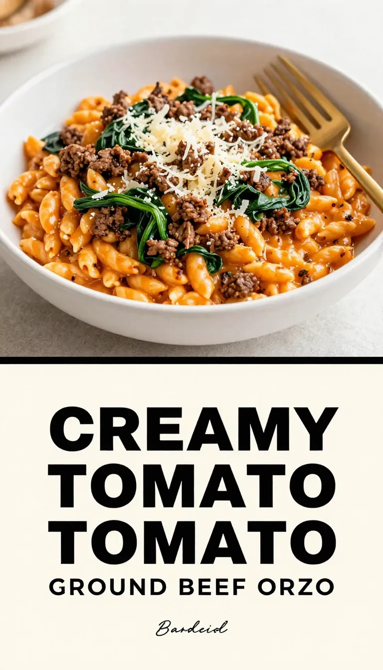 A bowl of ground beef orzo topped with tomato cream sauce and fresh herbs.
