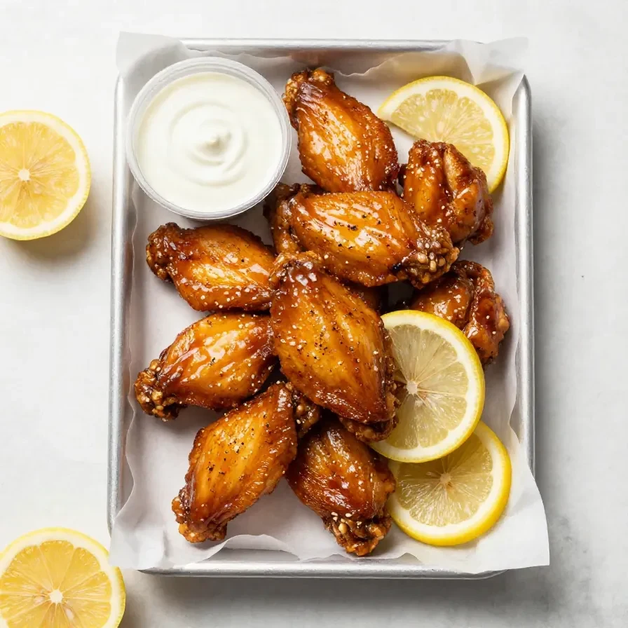 Crispy lemon pepper chicken wings glazed with honey on a white serving plate