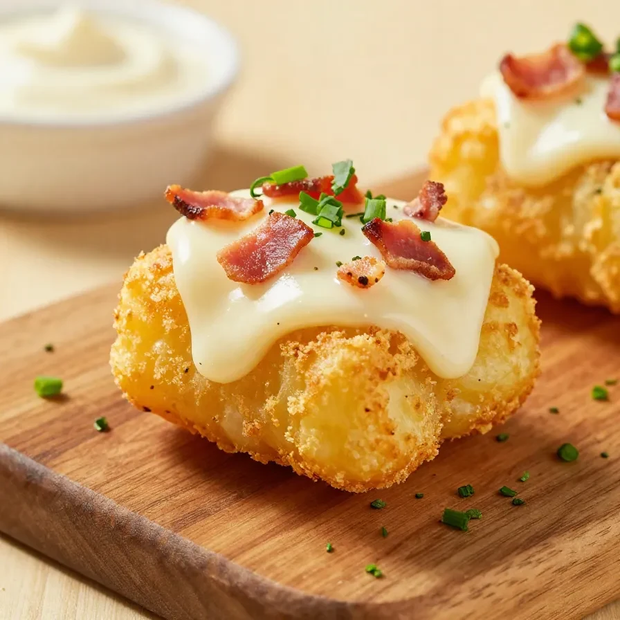 A skillet of loaded tater tots topped with melted cheese, crispy bacon, sour cream, and sliced green onions.