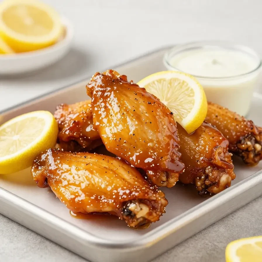 Crispy lemon pepper chicken wings glazed with honey on a white serving plate
