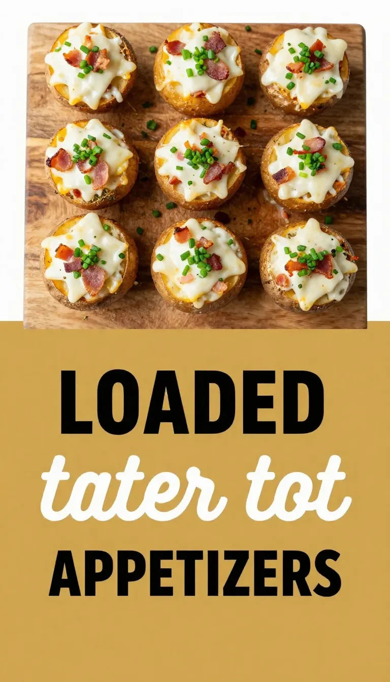 A skillet of loaded tater tots topped with melted cheese, crispy bacon, sour cream, and sliced green onions.
