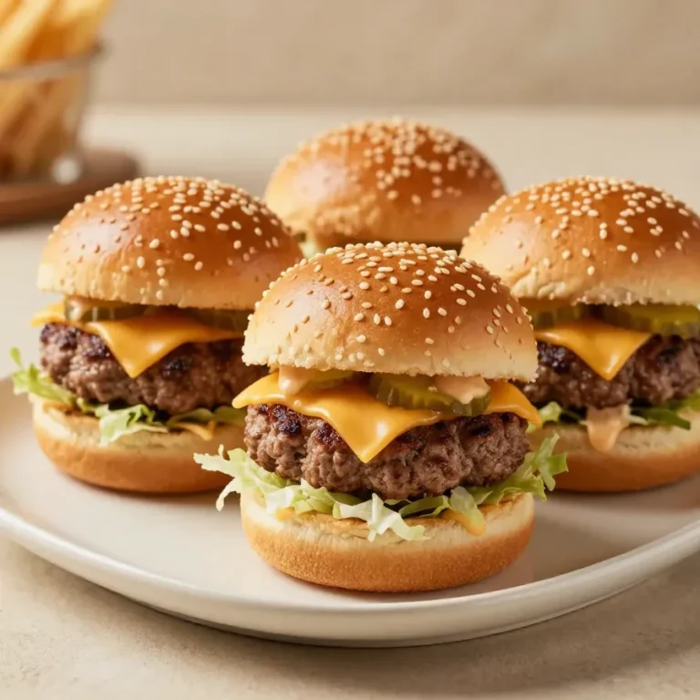 Mini Big Mac sliders stacked on a plate with melted cheese, lettuce, pickles, onions, and sesame seed slider buns