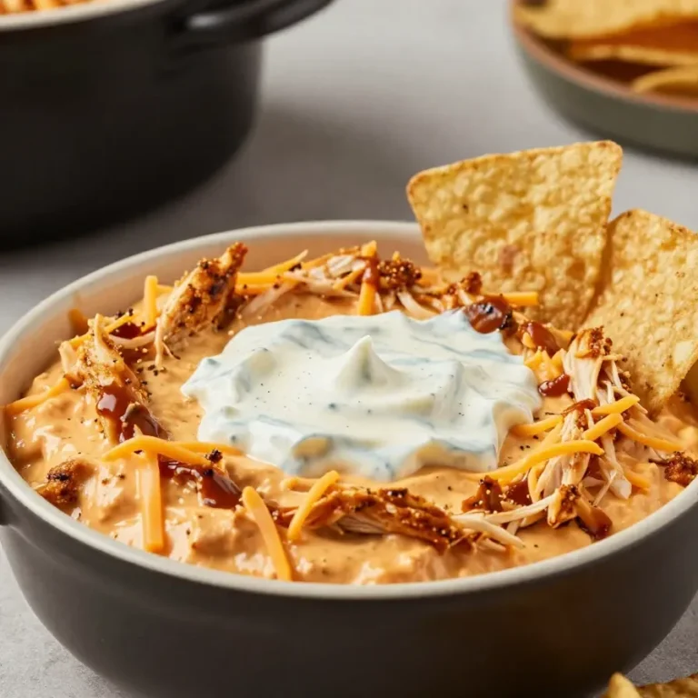 A bowl of creamy Crockpot Buffalo Chicken Dip topped with chopped green onions, served with celery sticks and tortilla chips.