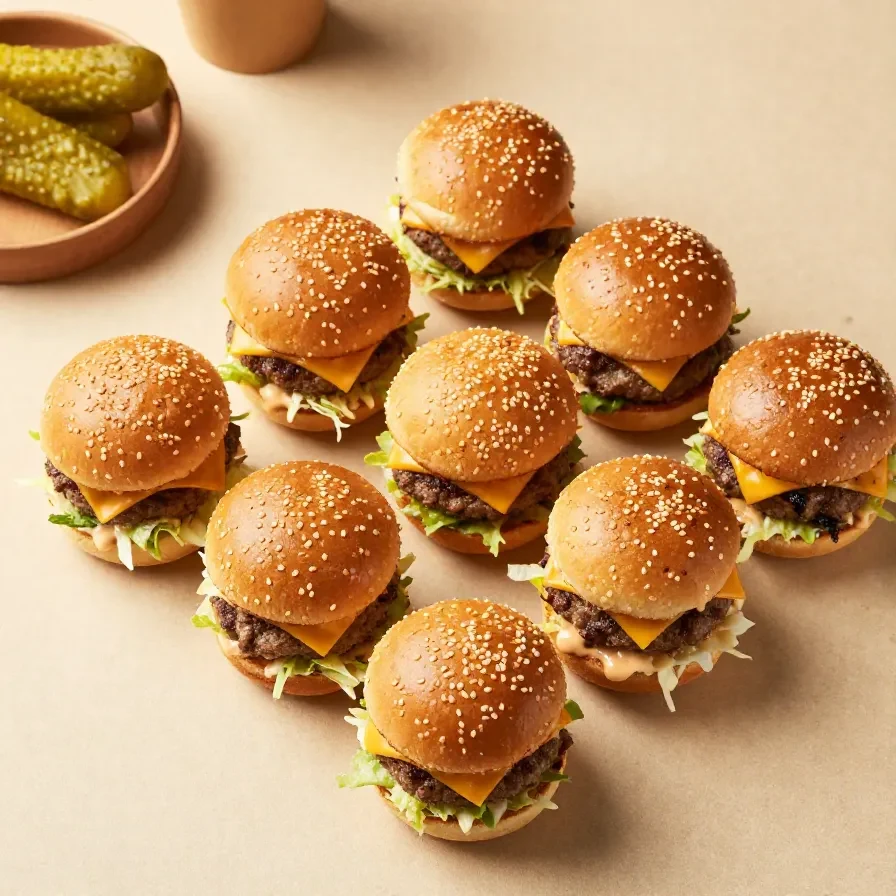 Mini Big Mac sliders stacked on a plate with melted cheese, lettuce, pickles, onions, and sesame seed slider buns
