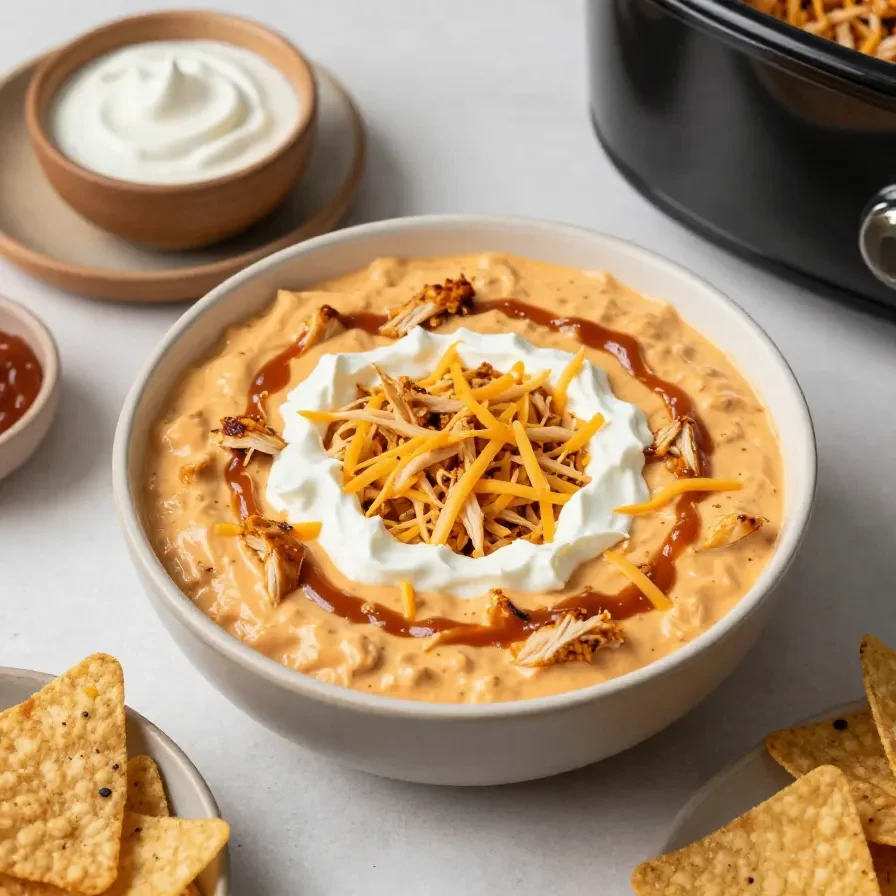 A bowl of creamy Crockpot Buffalo Chicken Dip topped with chopped green onions, served with celery sticks and tortilla chips.