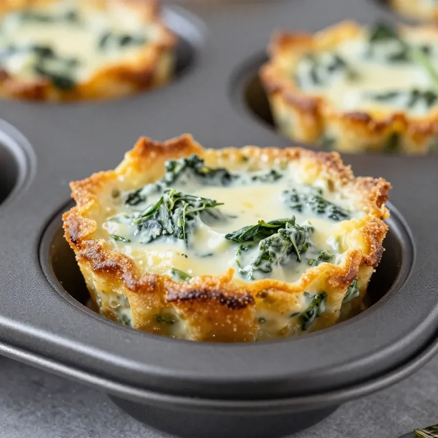 Crispy wonton cups filled with creamy spinach and artichoke dip on a serving platter