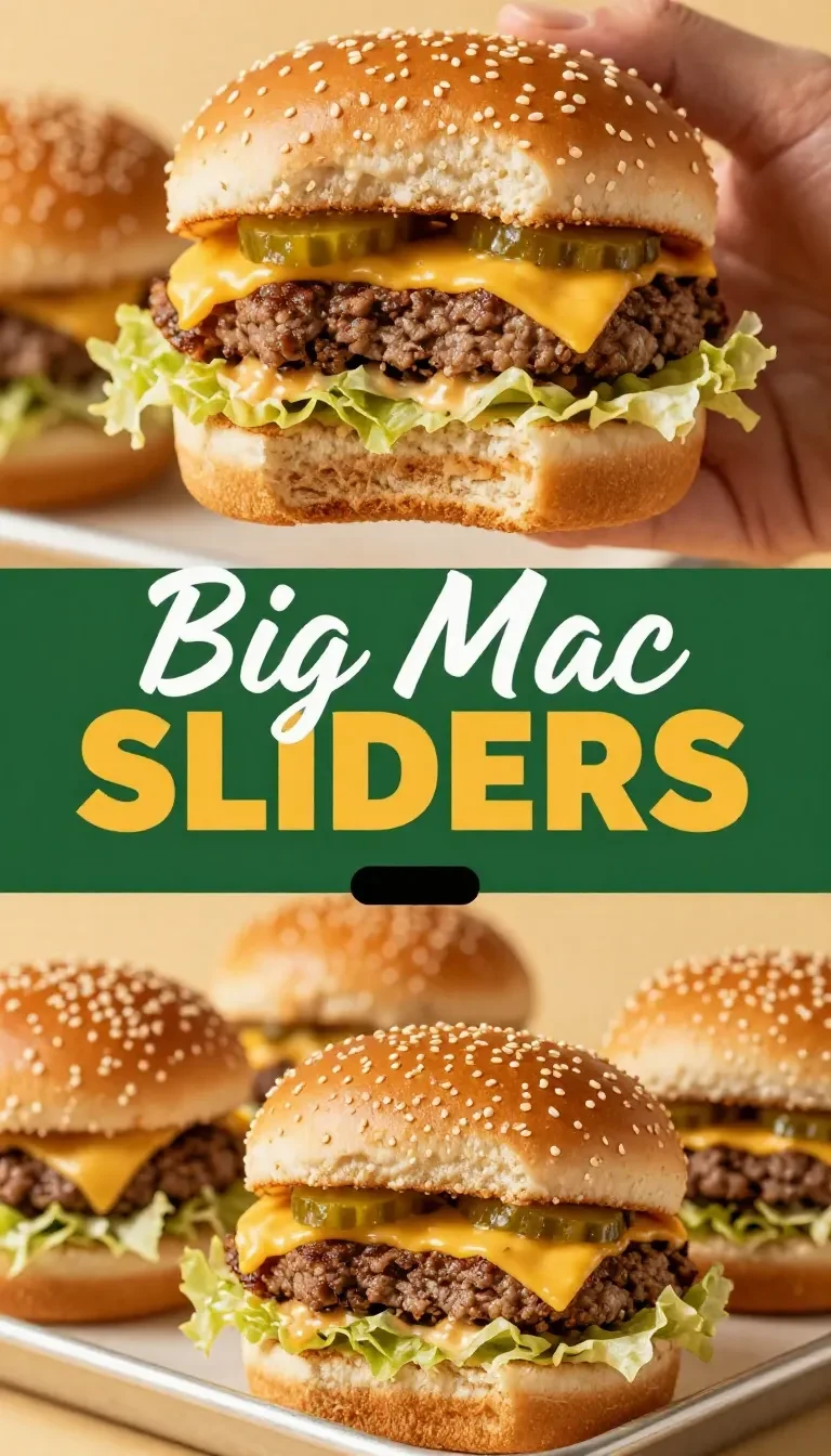 Mini Big Mac sliders stacked on a plate with melted cheese, lettuce, pickles, onions, and sesame seed slider buns