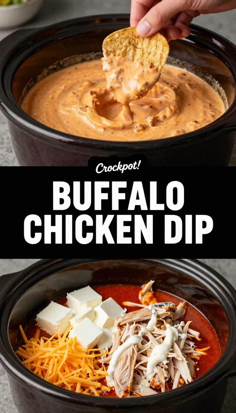 A bowl of creamy Crockpot Buffalo Chicken Dip topped with chopped green onions, served with celery sticks and tortilla chips.