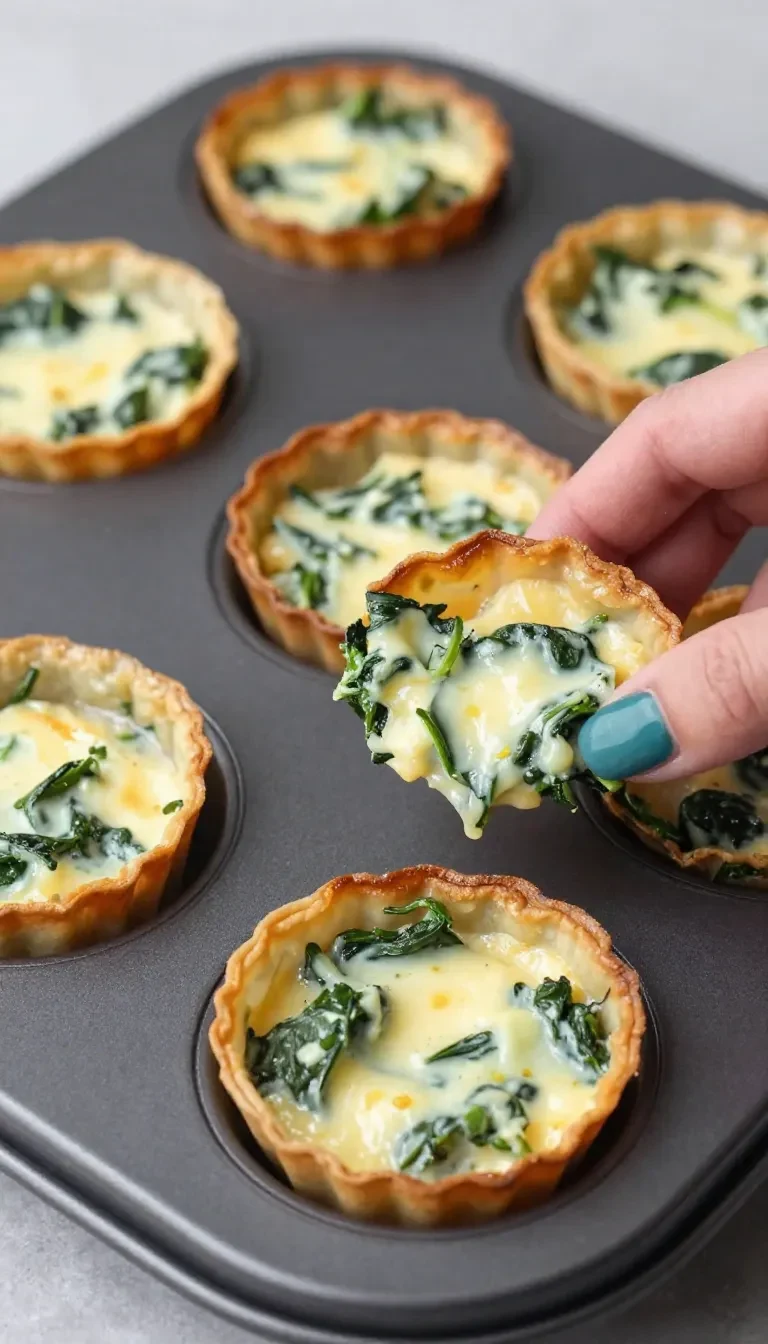 Crispy wonton cups filled with creamy spinach and artichoke dip on a serving platter