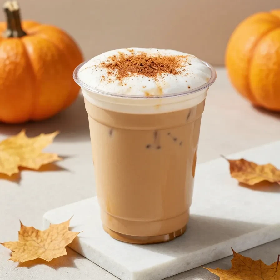 A tall glass of iced pumpkin cream chai tea latte topped with a creamy pumpkin foam and sprinkled with cinnamon