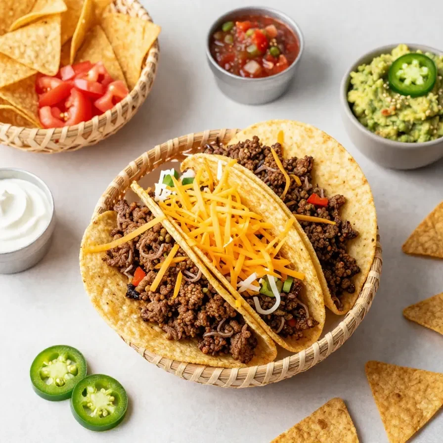 Walking tacos served in individual chip bags topped with seasoned ground beef, shredded cheese, lettuce, diced tomatoes, and sour cream.