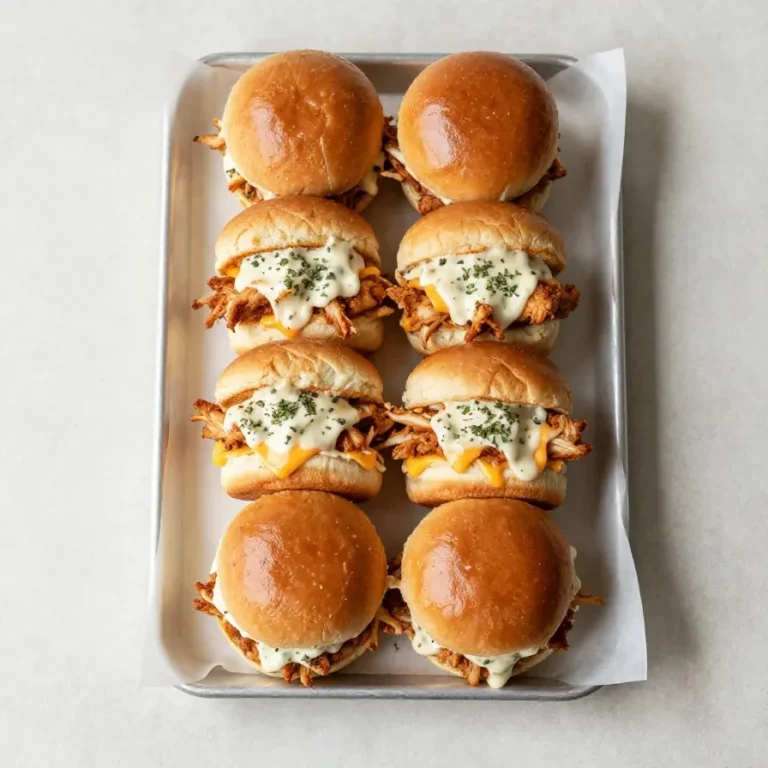 Buffalo chicken sliders served on toasted buns with melted cheese and a side of celery and ranch dressing
